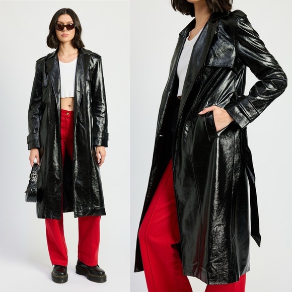 emory park Jackets & Blazers - Undercover Black Faux Patent Leather Trench Coat